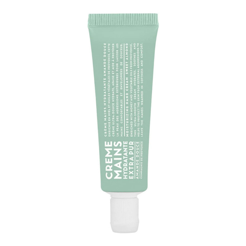 Grüne Tube Handcreme 30ml mit süßem Mandelduft, weiße Schrift auf der Vorderseite.