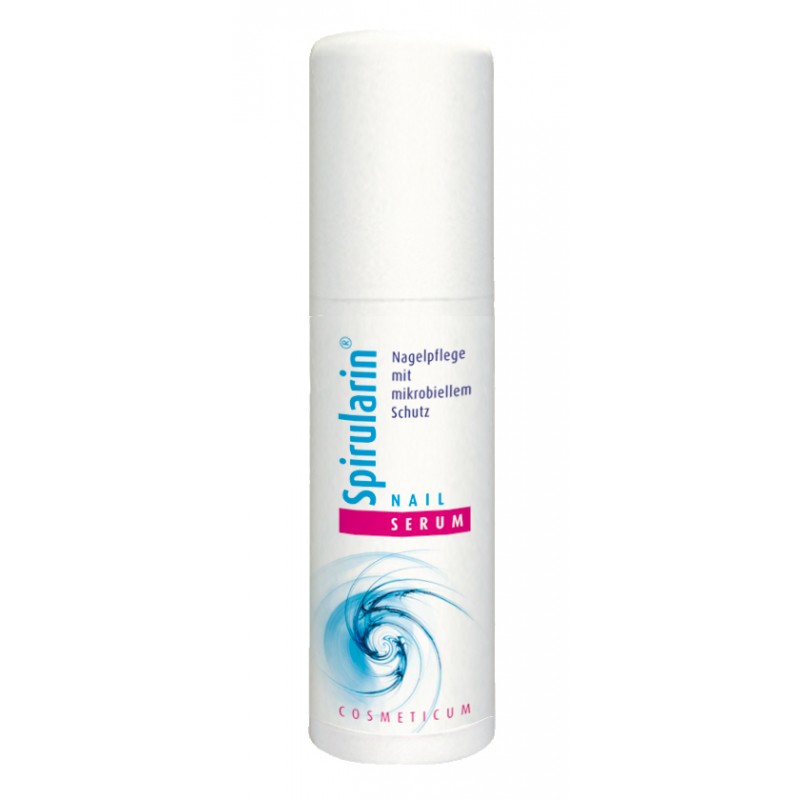 Spirularin Nagelserum Flasche, Nagelpflege mit mikrobiellem Schutz, weißer Hintergrund.