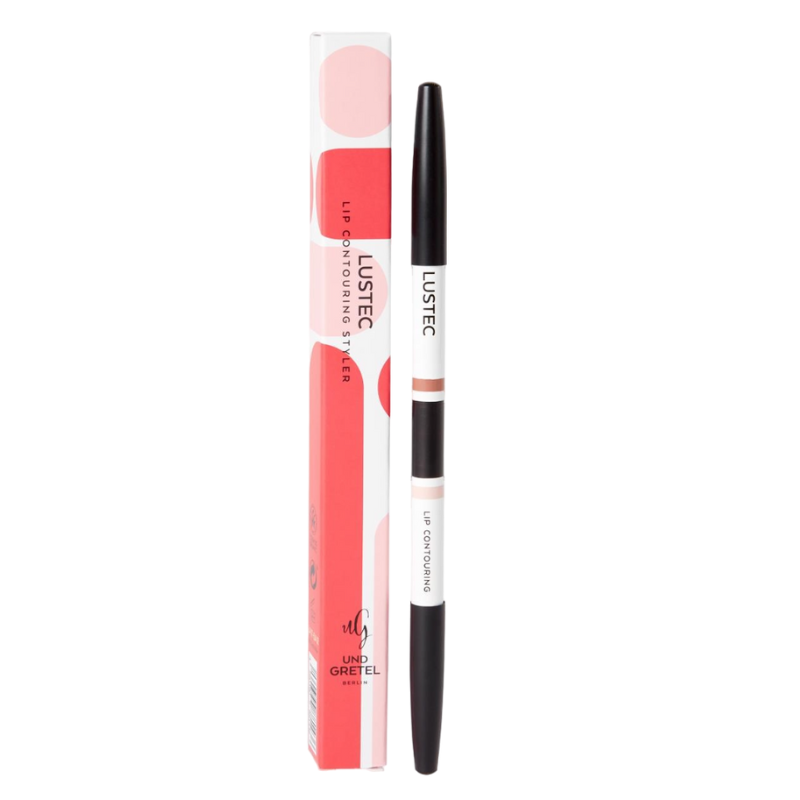 UND GRETEL LUSTEC Lip Contouring Styler 01 Natural Light, schwarzer Stift mit weißer Kappe und roter Verpackung.